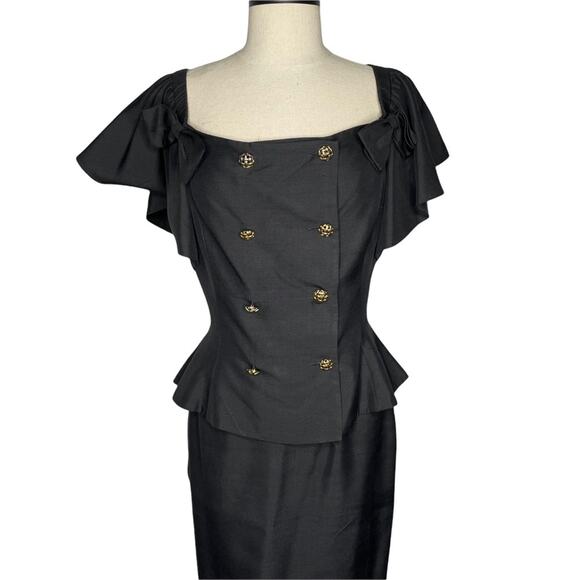Nipon Boutique 2 Piece Silk Set Blouse and Skirt Peplum Ruffle Bow VTG Black 4 - Picture 8 of 13